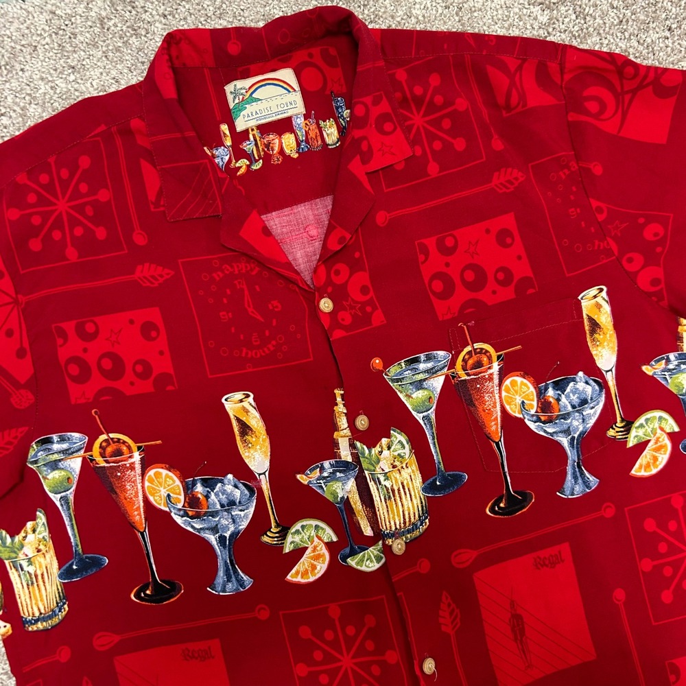 Paradise Found Hawaiian Shirt Wrap Around Print Mixed Drinks Men NO SIZE TAG (XL